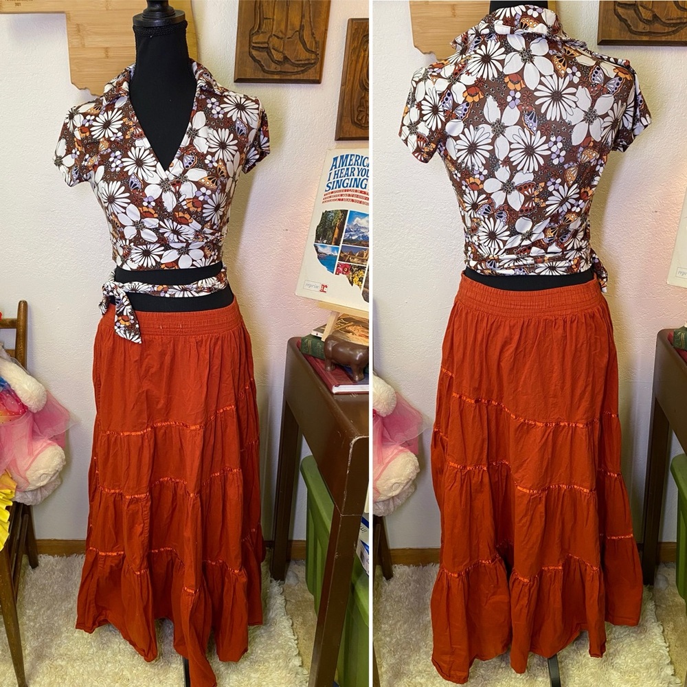 Vintage Y2K Rue 21 Butterfly Wrap Crop Top & Tiered Skirt Festival Boho Hippie M